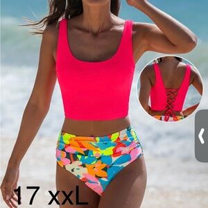 Neon Pink Bikini Top with Colorful High-Waisted Bottoms